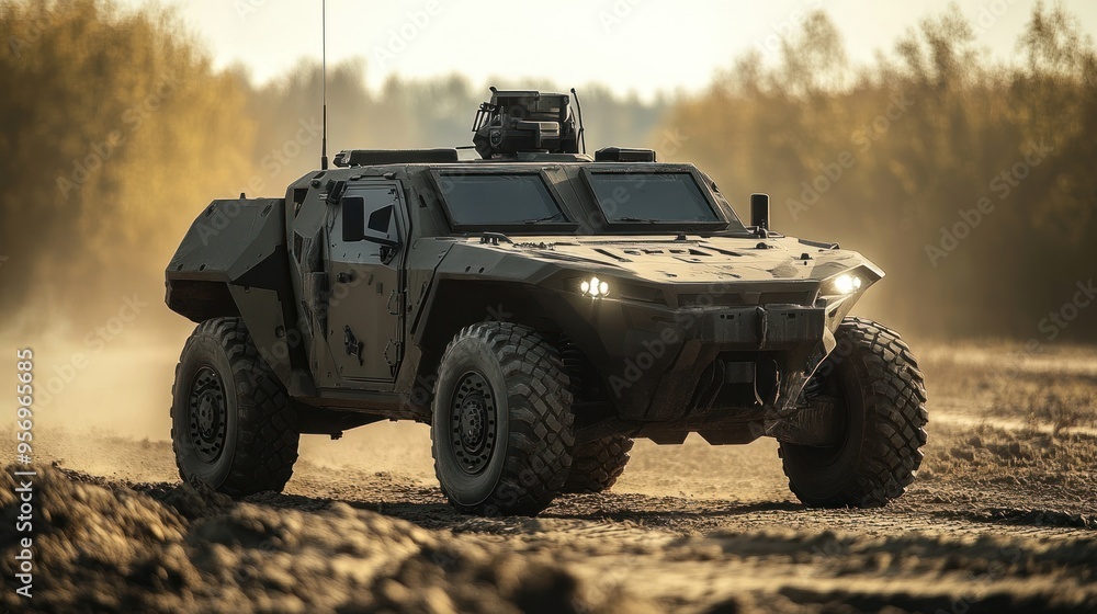 Fototapeta premium Military Vehicle Driving on a Dirt Road