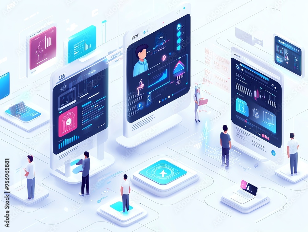 Isometric illustration of people working on various digital devices, representing modern technology and collaboration. Isometric illustration of people working on various digital devices, representing modern technology and collaboration.