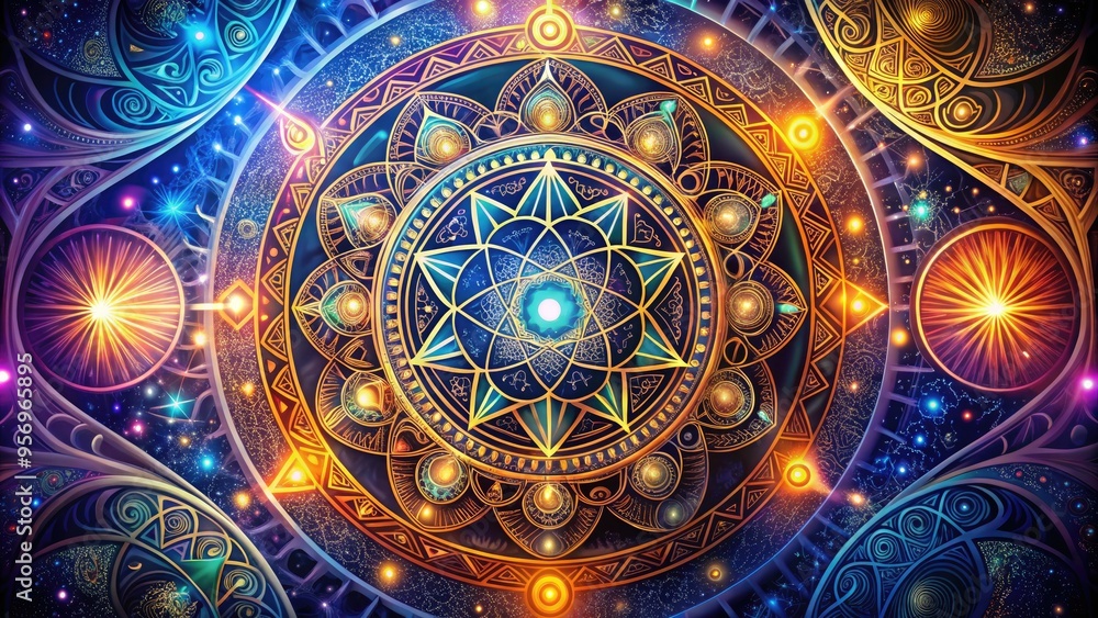 Intricate, swirling patterns of ancient mystical symbols, mandalas, and sacred geometries converge in a vibrant, cosmic vector illustration, evoking mystery and spiritual connection. Intricate, swirling patterns of ancient mystical symbols, mandalas, and sacred geometries converge in a vibrant, cosmic vector illustration, evoking mystery and spiritual connection.