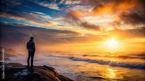 A lone figure stands at a misty coastline, gazing out at a fading horizon as the sun sets, symbolizing the bittersweet end of an era.