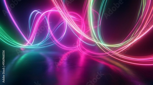 Glowing Neon Light Trails: Intersecting neon light trails in vibrant colors like pink and green, floating in a dark space, creating an abstract dance of light. 