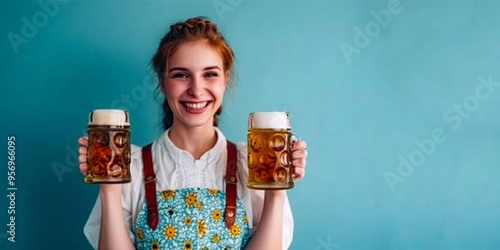 Young smiling Oktoberfest waitress in traditional Bavarian dress serving big beer mugs on blurred background. Oktoberfest festival concept. photo