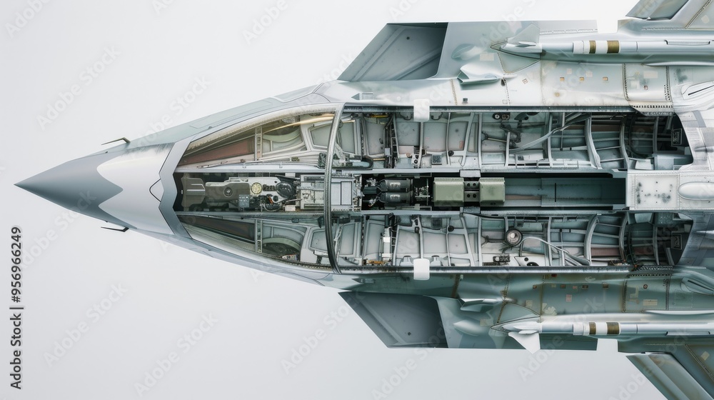 A detailed view of an aircraft's intricate internal structure, showing technological complexity and advanced engineering design. A detailed view of an aircraft's intricate internal structure, showing technological complexity and advanced engineering design.