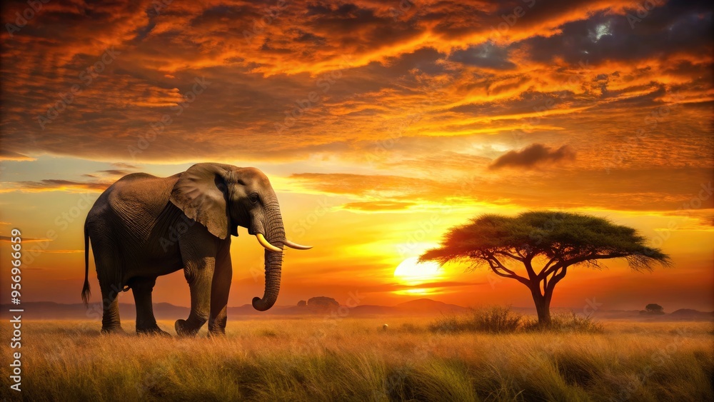 Obraz premium A majestic African elephant stands still against a vibrant orange sunset, its detailed silhouette contrasting with the warm hues of the Serengeti landscape.
