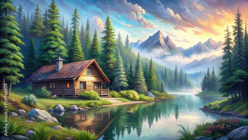 Serene watercolor illustration of a cozy cabin nestled among lush greenery and trees, surrounded by misty mountains and a tranquil lake in the background.