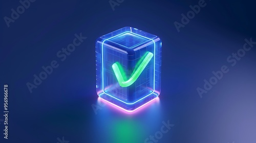 Futuristic neon checkmark glowing in a transparent cube, representing approval, success, or completion in a digital concept.