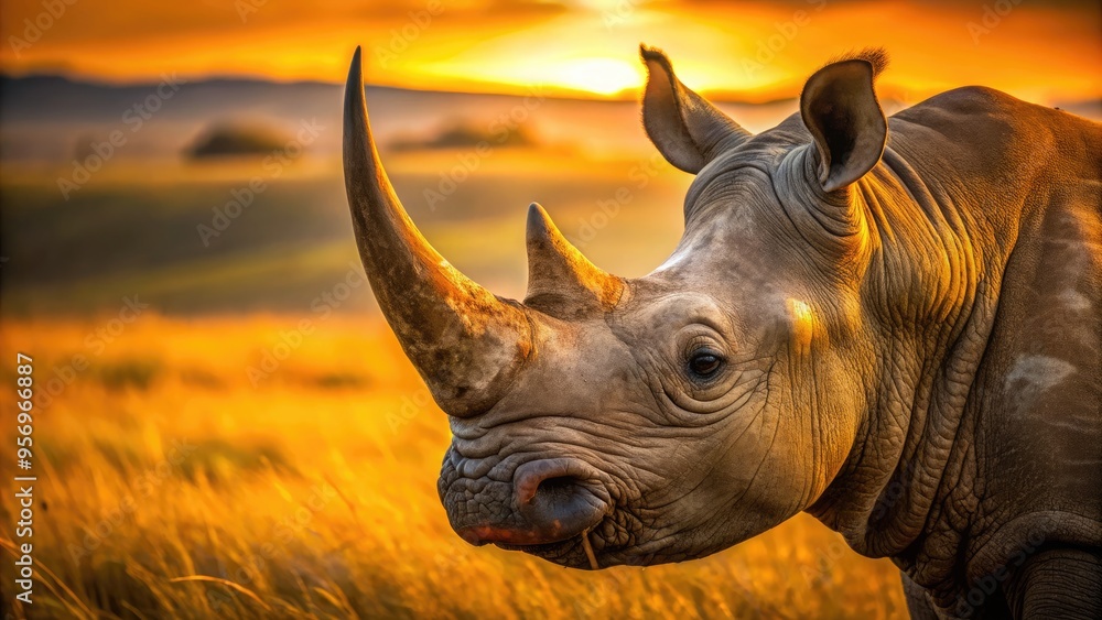 Fototapeta premium A majestic close-up of a rhinoceros' distinctive curved horn, weathered and worn, set against a blurred savannah backdrop with warm golden light.