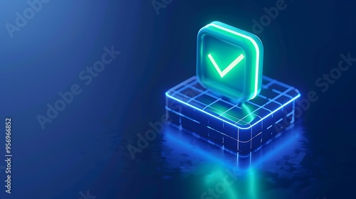 Futuristic neon checkmark icon on digital platform. Concept of approval, validation, and technology in a modern, high-tech environment.