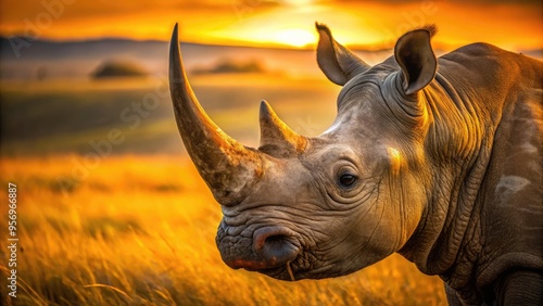 A majestic close-up of a rhinoceros' distinctive curved horn, weathered and worn, set against a blurred savannah backdrop with warm golden light. photo