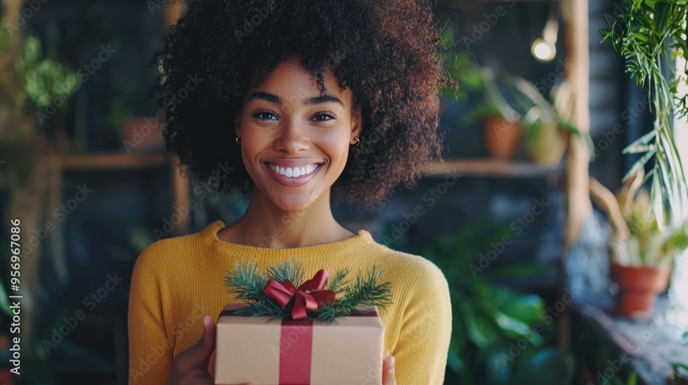 A woman buying herself a special gift, smiling with satisfaction as she holds the package, representing self-reward. A woman buying herself a special gift, smiling with satisfaction as she holds the package, representing self-reward.