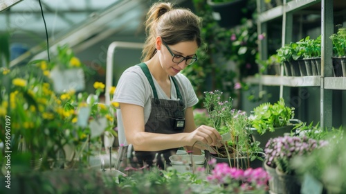 A dedicated gardener tends to her plants in a lush, vibrant greenhouse, focused on nurturing the greenery around her.