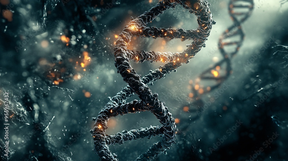 A glowing, fiery DNA helix against a dark, abstract background. A glowing, fiery DNA helix against a dark, abstract background.
