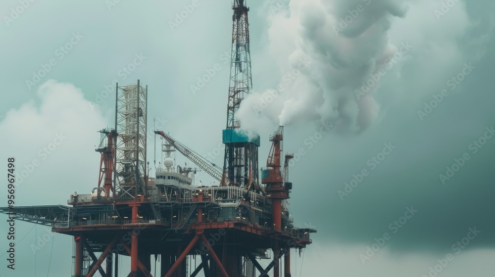An offshore oil rig releasing smoke against a cloudy backdrop, highlighting industrial activity and environmental impact. An offshore oil rig releasing smoke against a cloudy backdrop, highlighting industrial activity and environmental impact.