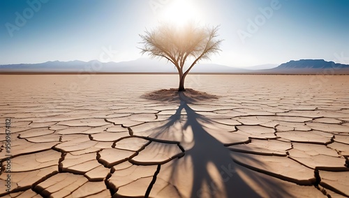 lone tree standing barren desert landscape symbolizing resilience amidst adversity cracked earth dry water beads highlighting harsh environment photo