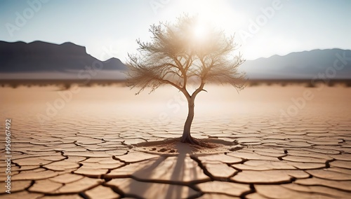 lone tree standing barren desert landscape symbolizing resilience amidst adversity cracked earth dry water beads highlighting harsh environment photo