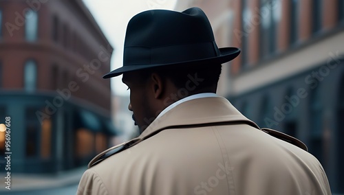 mysterious african american man walking away wearing fedora trench coat embodying classic image private detective