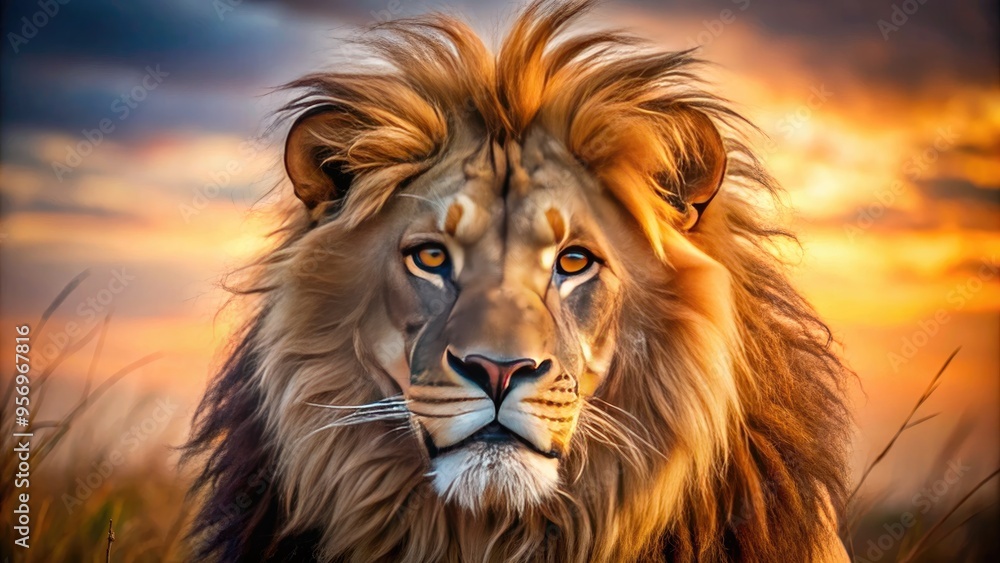 A majestic lion's face with a rugged, golden-brown mane and whiskers, showcasing intricate texture and softness against a blurred savannah background. A majestic lion's face with a rugged, golden-brown mane and whiskers, showcasing intricate texture and softness against a blurred savannah background.