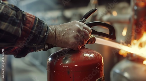 Firefighting in progress with a close-up of a hand gripping a fire extinguisher, emphasizing safety and preparedness. photo