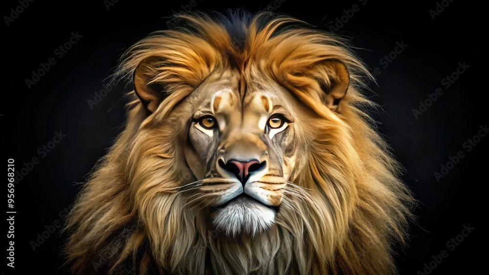 A majestic lion's head set against a contrasting black background, its majestic mane and piercing gaze exuding power, strength, and regal elegance. A majestic lion's head set against a contrasting black background, its majestic mane and piercing gaze exuding power, strength, and regal elegance.
