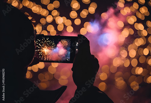 Capturing the vibrant fireworks display at night with a camera in a bustling urban setting photo