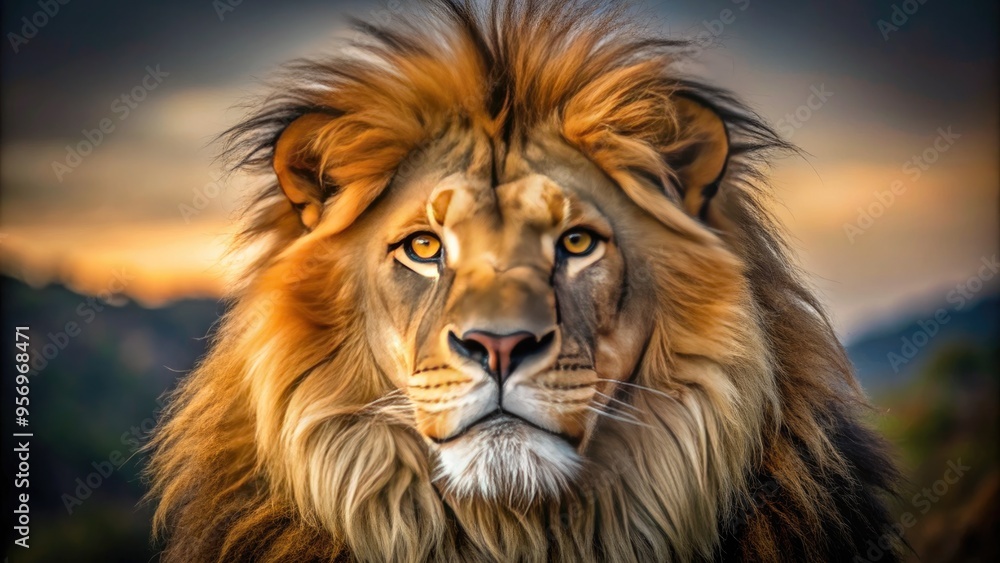 A majestic lion's piercing golden eyes, surrounded by a subtle whisker-lined muzzle, gaze intensely into the distance, radiating regal confidence and primal intensity. A majestic lion's piercing golden eyes, surrounded by a subtle whisker-lined muzzle, gaze intensely into the distance, radiating regal confidence and primal intensity.