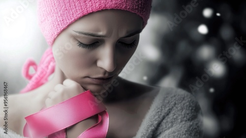 Young or middle aged woman who fought breast cancer with hands holding the pink ribbon monochrome close up portrait photo