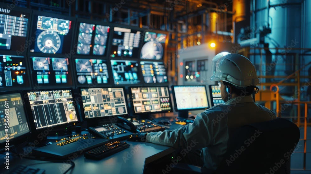 A worker wearing a safety helmet monitors multiple screens in a high ...