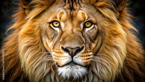 A majestic lion's whiskered face fills the frame, its tawny fur and piercing golden eyes captivating attention in a stunning, high-contrast close-up portrait.