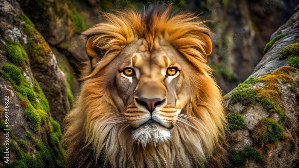 A majestic lion's whiskered face, with soft, fluffy fur and vibrant golden eyes, set against a rugged, earthy rock texture with subtle moss details. A majestic lion's whiskered face, with soft, fluffy fur and vibrant golden eyes, set against a rugged, earthy rock texture with subtle moss details.