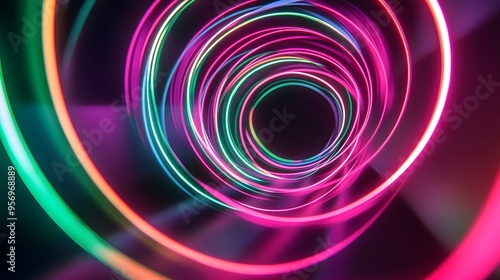 Glowing Neon Light Trails: Intersecting neon light trails in vibrant colors like pink and green, floating in a dark space, creating an abstract dance of light. 