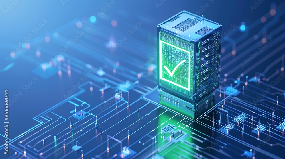 Futuristic technology server with a digital check mark, representing data security and verification on a circuit board background. Futuristic technology server with a digital check mark, representing data security and verification on a circuit board background.