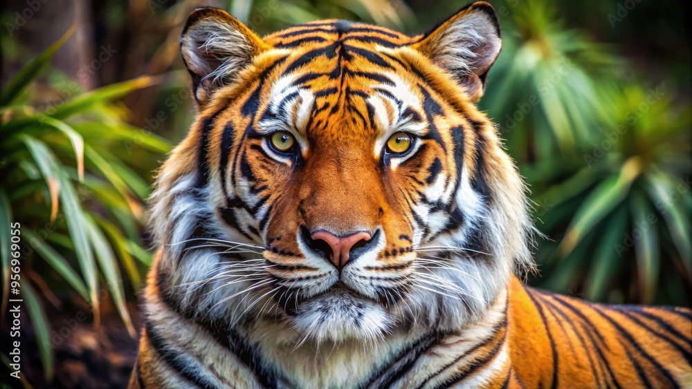 A majestic tiger's fur displays intricate, swirling patterns of golden brown and black stripes, with soft, velvety texture and deep, expressive eyes. A majestic tiger's fur displays intricate, swirling patterns of golden brown and black stripes, with soft, velvety texture and deep, expressive eyes.