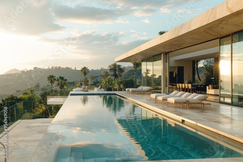 Modern mansion with pool and terrace overlooking Los Angeles valley, captured during golden hour