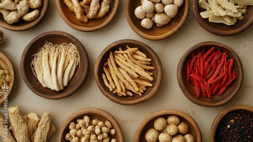 Top-down view of rare herbs including ginseng roots, Ganoderma mushrooms, and red ginseng on wooden dishes