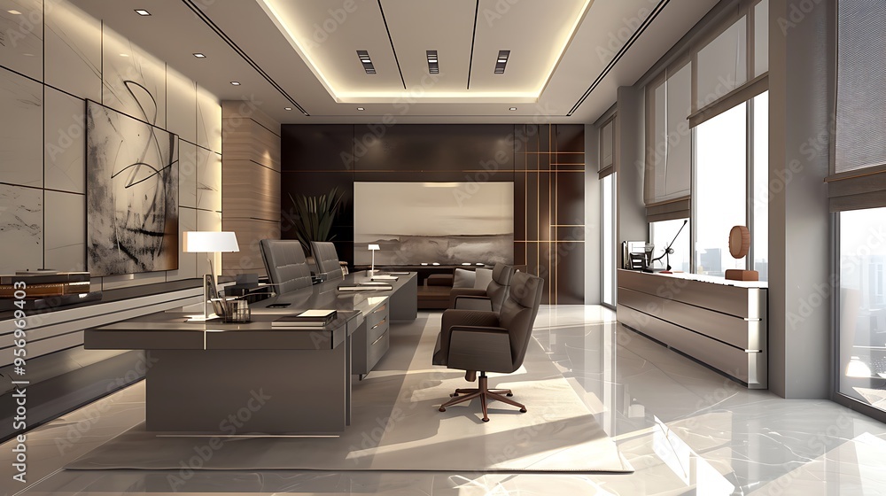 The interior of a modern office, featuring sleek furniture, clean lines, and a minimalist design aesthetic. The interior of a modern office, featuring sleek furniture, clean lines, and a minimalist design aesthetic.