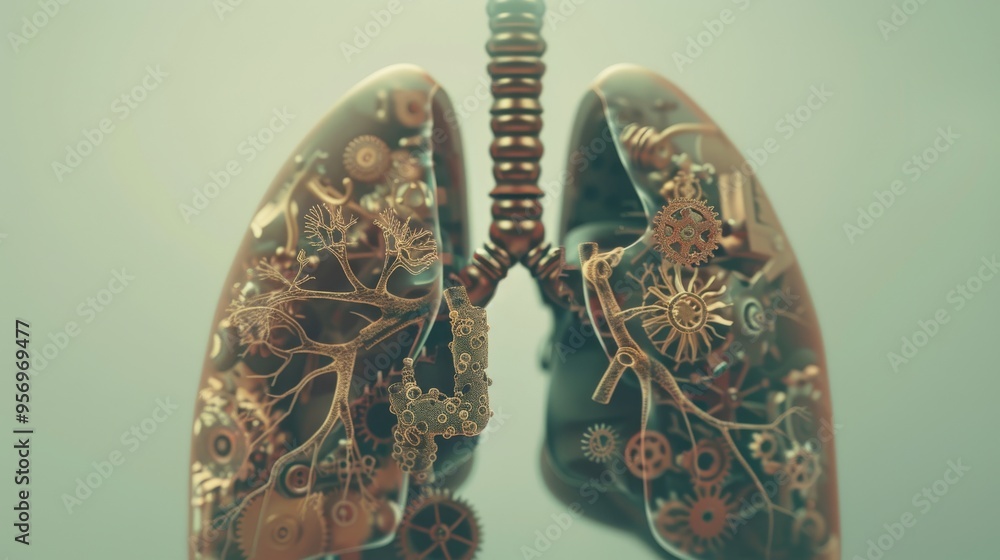 Intertwined mechanical lungs, blending organic tissue with gears and machinery, enveloped in a surreal, steam-filled environment. Intertwined mechanical lungs, blending organic tissue with gears and machinery, enveloped in a surreal, steam-filled environment.