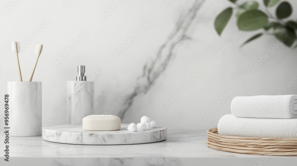 Elegant bathroom essentials arranged on marble surface: white ceramic containers, plush towels, and natural accents create a serene spa-like atmosphere. Elegant bathroom essentials arranged on marble surface: white ceramic containers, plush towels, and natural accents create a serene spa-like atmosphere.