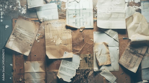 Weathered documents pinned to an old bulletin board present a collage of aged paper, evoking sentiments of past communication and memory fragments. photo