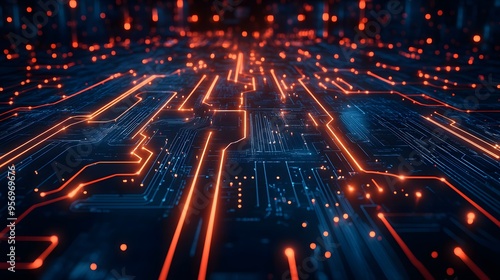 Futuristic Circuit Board Design: A vector illustration of a circuit board with glowing lines and nodes, symbolizing connectivity and innovation.