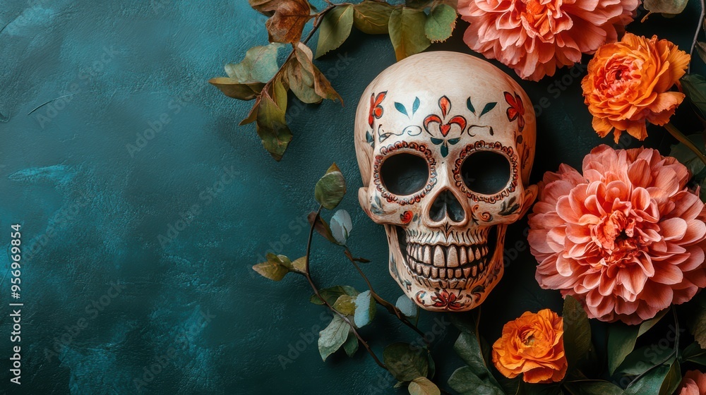 A vibrant Day of the Dead sugar skull surrounded by colorful flowers. Mexican cultural celebration and artistic expression concept. A vibrant Day of the Dead sugar skull surrounded by colorful flowers. Mexican cultural celebration and artistic expression concept.