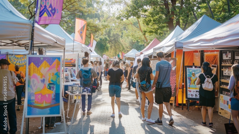 Fototapeta premium A vibrant outdoor art festival with diverse stalls showcasing colorful artworks, people enjoying the event under a canopy of trees.