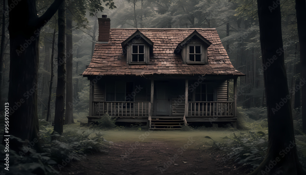 A dilapidated wooden house against a backdrop of thick forest A dilapidated wooden house against a backdrop of thick forest