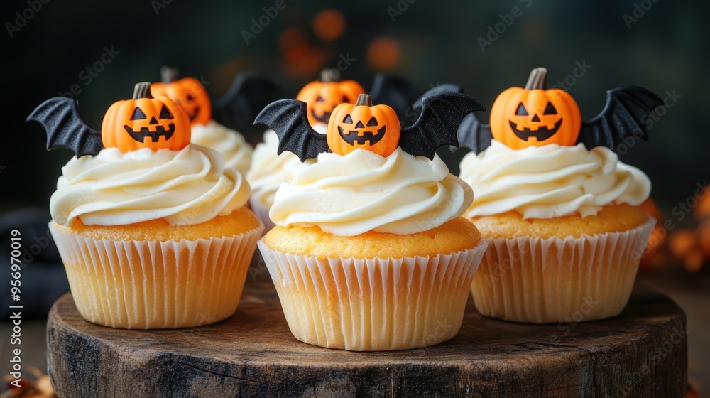 Close-up of Halloween cupcakes with pumpkin and bat toppers on a rustic wooden board, perfect for spooky-themed celebrations. Close-up of Halloween cupcakes with pumpkin and bat toppers on a rustic wooden board, perfect for spooky-themed celebrations.