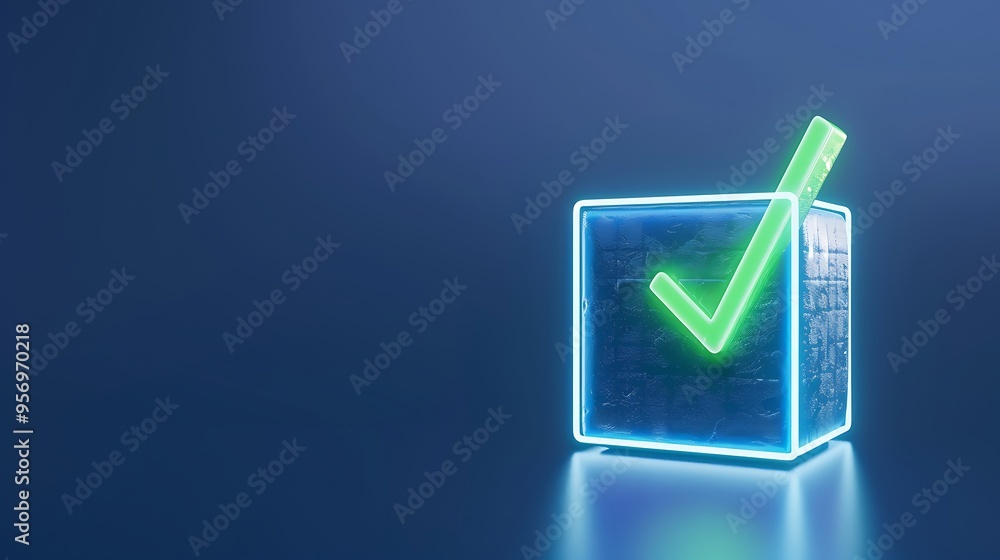 Glowing green check mark in a neon blue cube on a dark background, symbolizing validation, approval, or completion in a modern digital context. Glowing green check mark in a neon blue cube on a dark background, symbolizing validation, approval, or completion in a modern digital context.