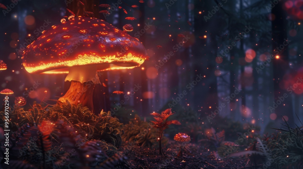 Fototapeta premium A surreal, magical scene in a dark forest with glowing mushrooms casting an enchanting light among the trees.