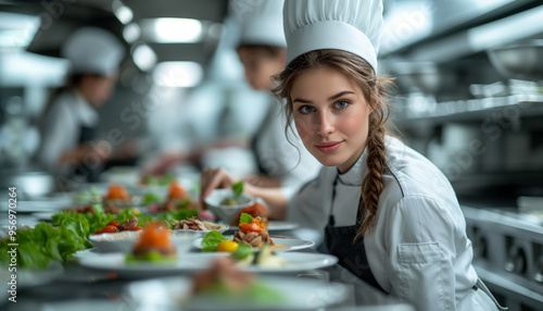 Female chef plating vegetarian food in plate while working in light kitchen. World Vegetarian Day.  photo