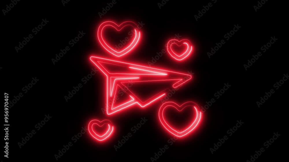 Neon Love Message Video HD - Glowing Paper Plane with Hearts Icon on Black Background Representing Romance, Affection, and Modern High-Tech Expression of Love Communication Neon Love Message Video HD - Glowing Paper Plane with Hearts Icon on Black Background Representing Romance, Affection, and Modern High-Tech Expression of Love Communication