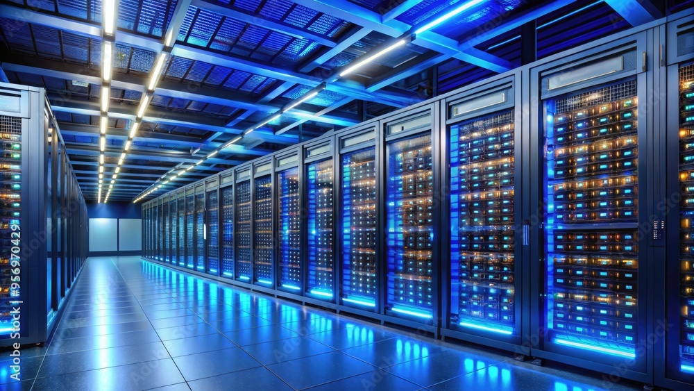 A modern data center with rows of humming servers, blinking lights, and tape drives, ensuring reliable storage and secure backup of digital information. A modern data center with rows of humming servers, blinking lights, and tape drives, ensuring reliable storage and secure backup of digital information.