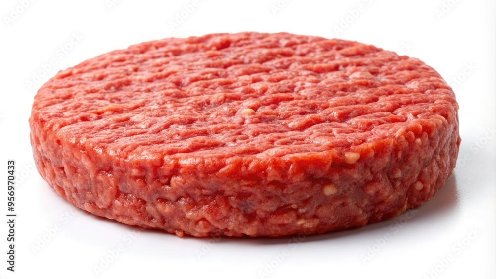 Juicy red ground meat patty icon isolated on white background, perfectly rounded and appetizing, with slight texture and subtle shadow for a realistic look. Juicy red ground meat patty icon isolated on white background, perfectly rounded and appetizing, with slight texture and subtle shadow for a realistic look.