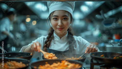 Female asian chef plating vegetarian, vegan spicy food in plate while working in light kitchen. World Vegetarian Day.  photo